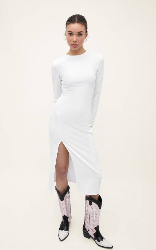 Stradivarius Ribcord Midi Jurk Met Split Ecru