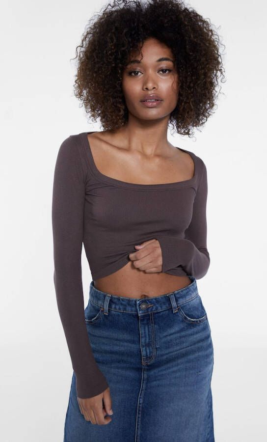 Stradivarius Ribcord T Shirt Met Lange Mouw Bruin