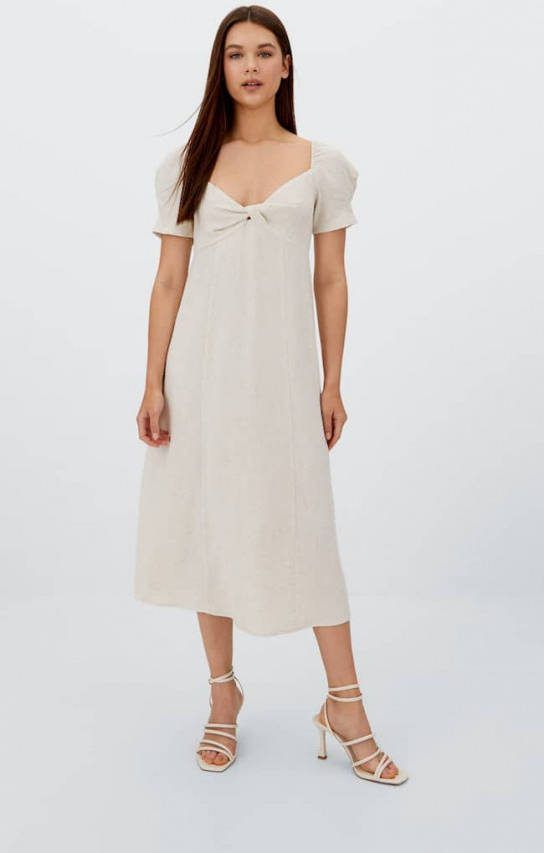 Stradivarius Rustieke Midi Jurk Met Geknoopt Detail In De Hals Steen