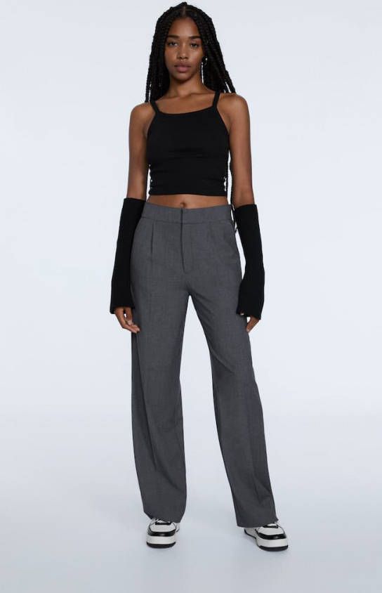 Stradivarius Smart Lange Broek Met Bandplooi Grijs 42