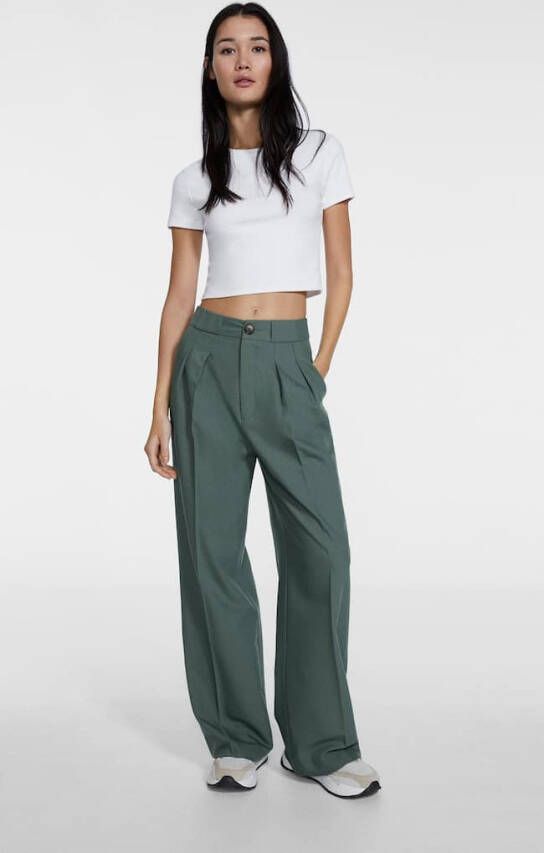 Stradivarius Smart Lange Broek Met Bandplooi Kaki 36