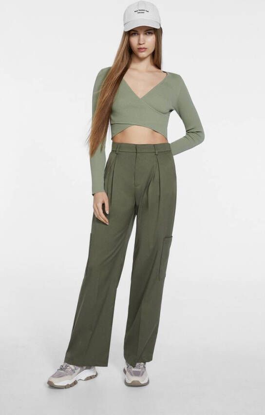 Stradivarius Smart Lange Cargobroek Met Bandplooi Kaki 32