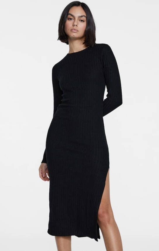Stradivarius Soft Touch Geribde Midi Jurk Zwart