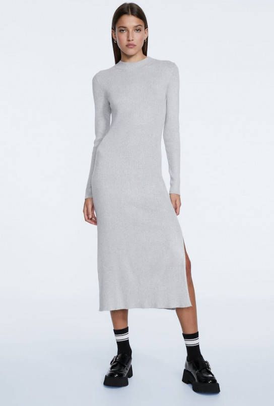 Stradivarius Tricot Midi Jurk Met Opstaande Kraag Grijs Melange