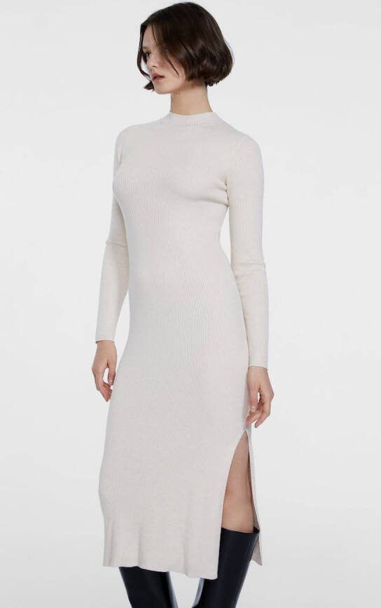 Stradivarius Tricot Midi Jurk Met Opstaande Kraag Steen