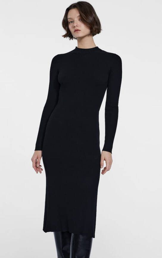 Stradivarius Tricot Midi Jurk Met Opstaande Kraag Zwart