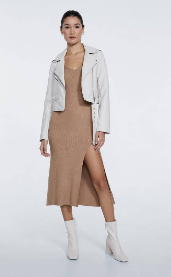 Stradivarius Tricot Midi Jurk Met V Hals Beige Melange