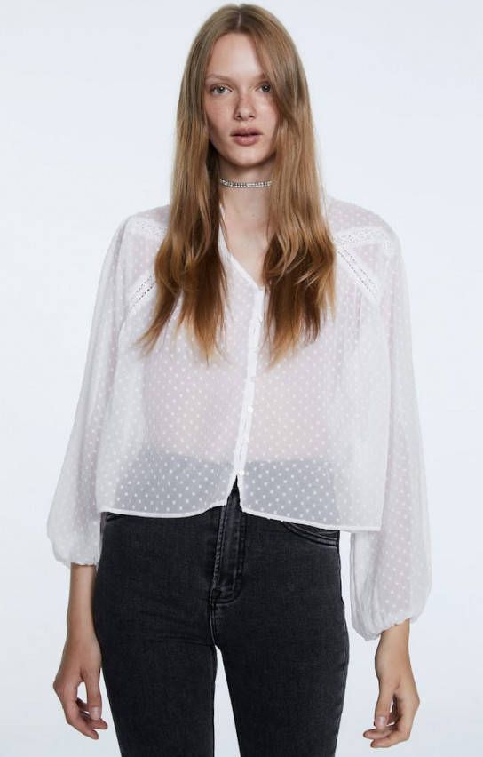 Stradivarius Tule Boho Blouse Met Reliëf Wit