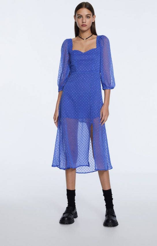 Stradivarius Tule Jurk Met Reliëf En Strik Op De Rug Blauw