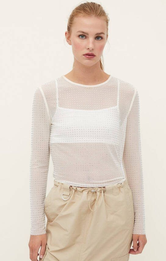 Stradivarius Tule Top Met Steentjes Ecru