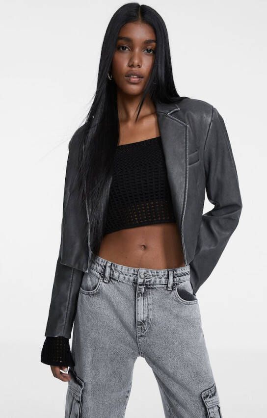 Stradivarius Verwassen Blazer Met Leereffect Grijs