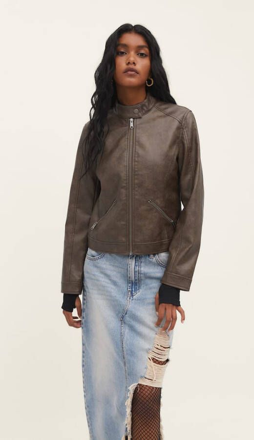 Stradivarius Verwassen En Strak Jack Met Leereffect Karamel