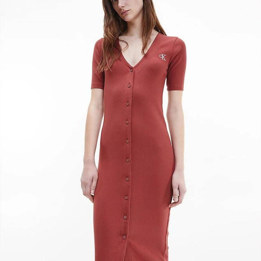 Calvin Klein Midi jurk CK BUTTON THROUGH RIB LONG DRESS met ribstructuur