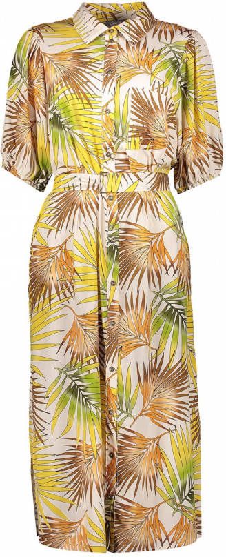Geisha blousejurk met bladprint en ceintuur zand/groen/geel