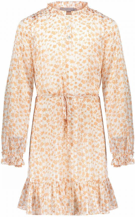Geisha jurk met all over print en ruches offwhite/abrikoos