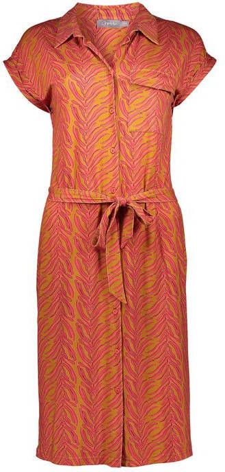 Geisha blousejurk met all over print en ceintuur koraalrood/bruin