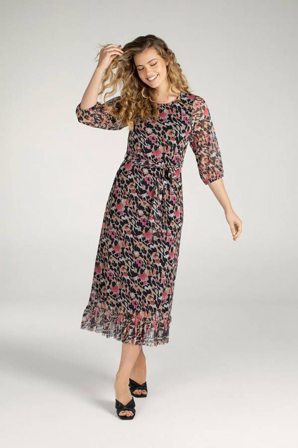 Juffrouw Jansen semi transparante maxi jurk Donna met dierenprint en volant bruin/rood/zwart
