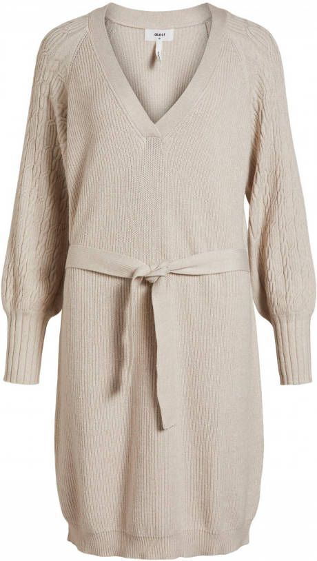 OBJECT gebreide jurk OBJIVY met ceintuur beige