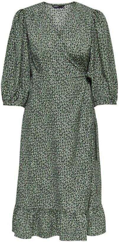 ONLY wikkeljurk ONLOLIVIA met all over print en volant groen/zwrat/gebroken wit