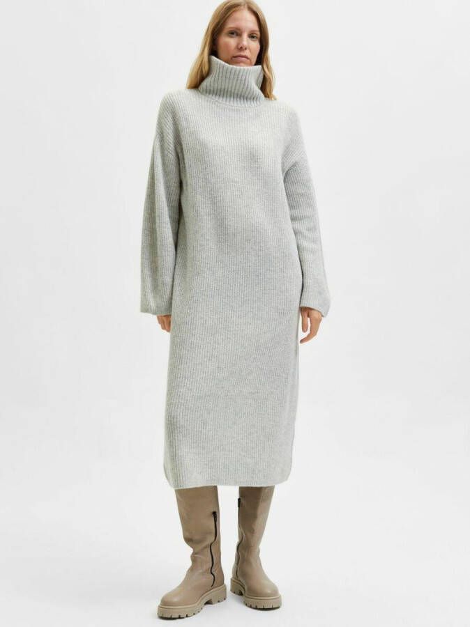 Selected Femme Lichtgrijze Midi Jurk Slfelina Ls Knit Highneck Dres