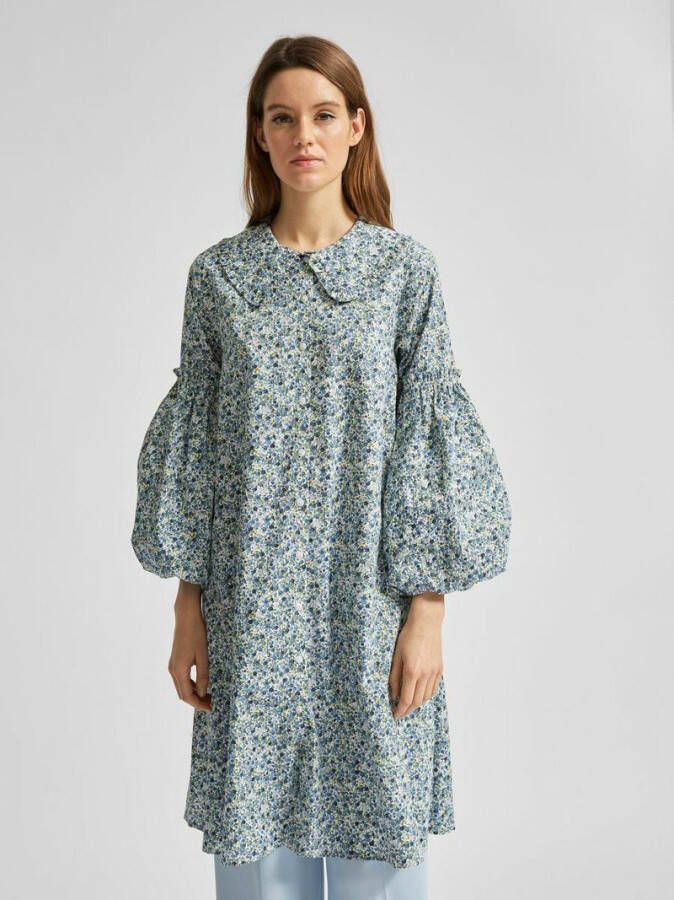 Selected Femme Jurk ruche kraag volumineuze mouwen print