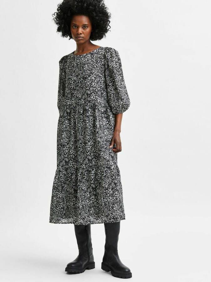 SELECTED FEMME Gedessineerde jurk met volumineuze mouwen in midilengte