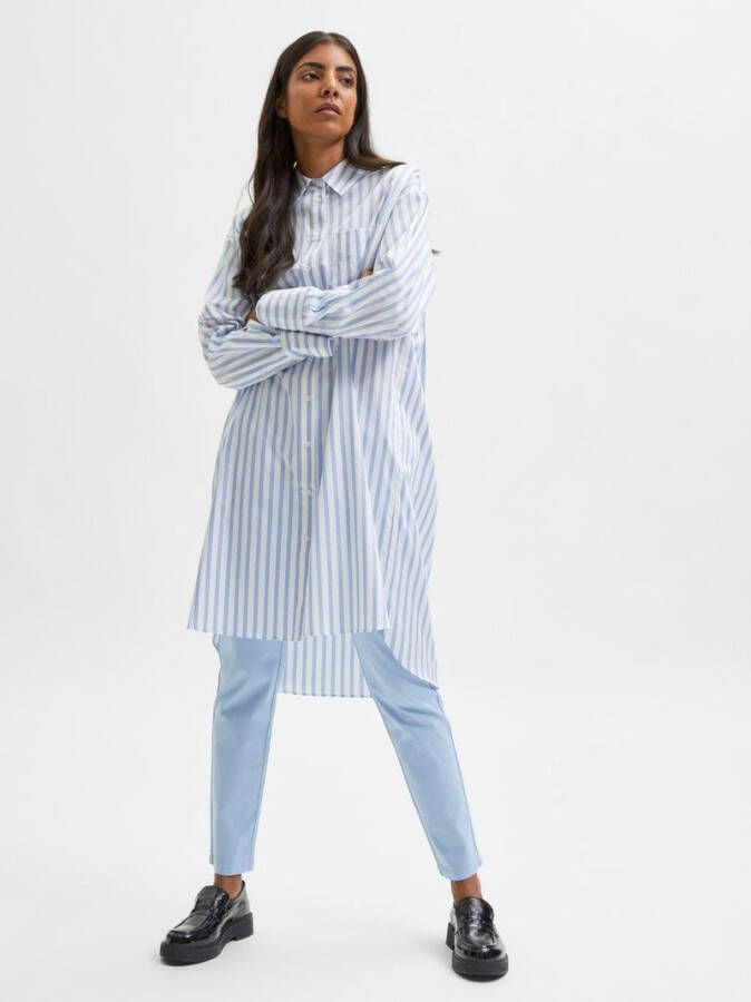 Selected Femme Blauwe Mini Jurk Slfdora Ls Stripped Long Shirt