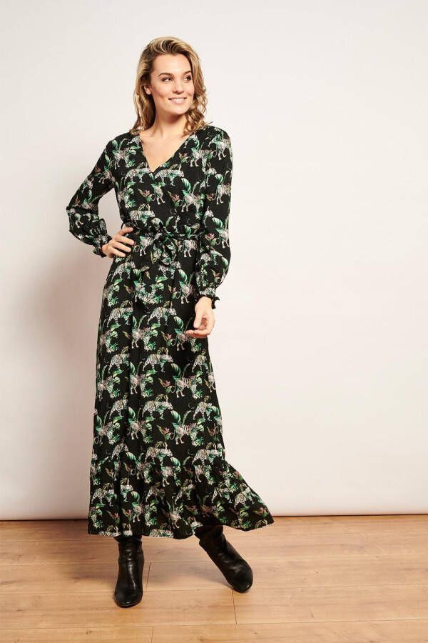 Smashed Lemon maxi jurk met all over print en volant zwart/groen/wit