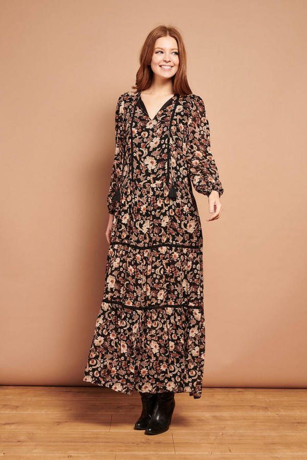 Smashed Lemon gebloemde maxi A lijn jurk zwart/donkerrood/grijsgroen