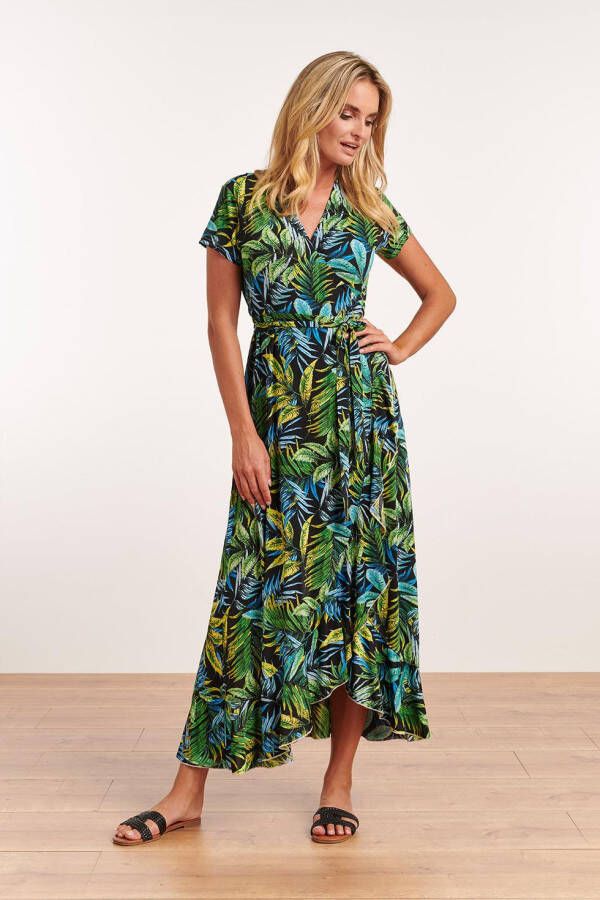 Smashed Lemon maxi wikkeljurk Cheryl met bladprint zwart/groen/blauw