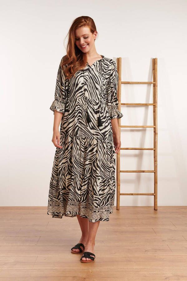 Smashed Lemon maxi jurk Sienna met zebraprint en ruches zwart/wit