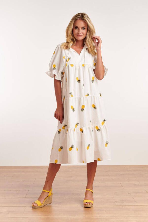 Smashed Lemon A lijn jurk Ashley met fruitprint en ruches wit/geel