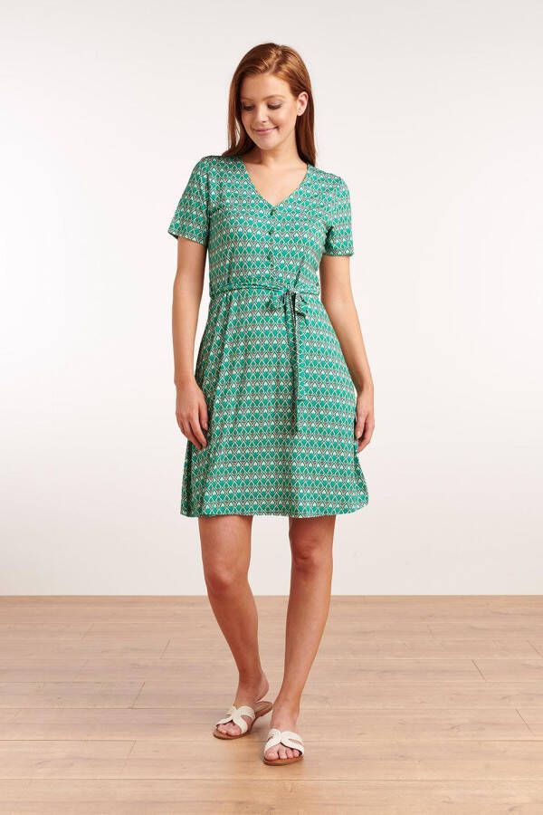 Smashed Lemon 22154 Tricot Print Jurk V hals , Blauw, Dames