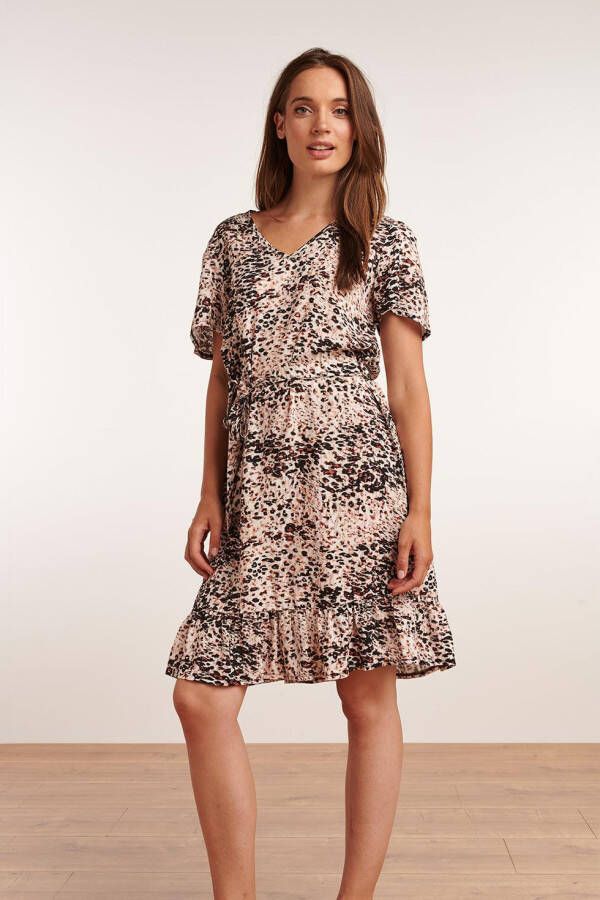 Smashed Lemon jurk Danielle met dierenprint en volant wit/zand