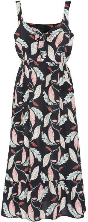 Cassis jurk met bladprint en volant zwart/roze/mintgroen/rood