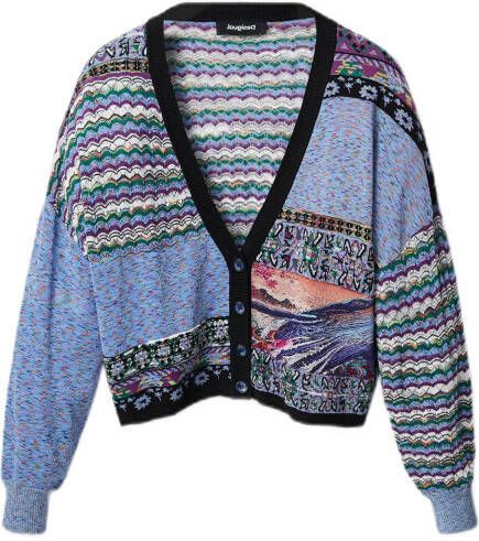 Desigual gebreid vest met all over print blauw/roze/paars/groen