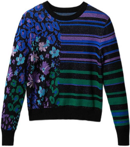 Desigual gebreide trui met all over print en glitters zwart/groen/blauw