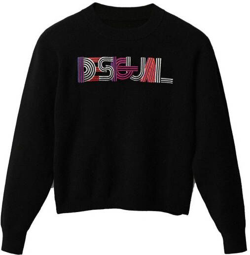 Desigual gebreide trui met logo zwart/wit/fuchsia