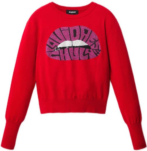 Desigual gebreide trui met printopdruk en glitters rood/paars