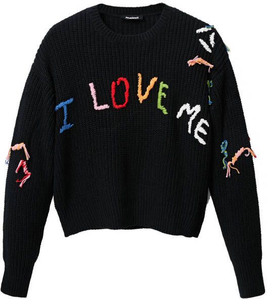 Desigual gebreide trui met tekst en borduursels zwart/multi