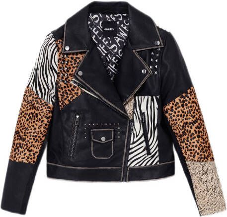 Desigual leren bikerjack met dierenprint en studs zwart