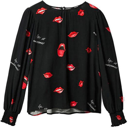Desigual semi transparante geweven top met all over print en plooien zwart/rood