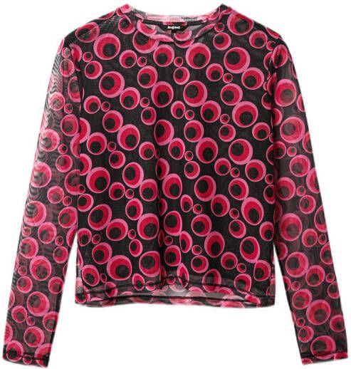 Desigual semi transparante mesh top met all over print rood/roze