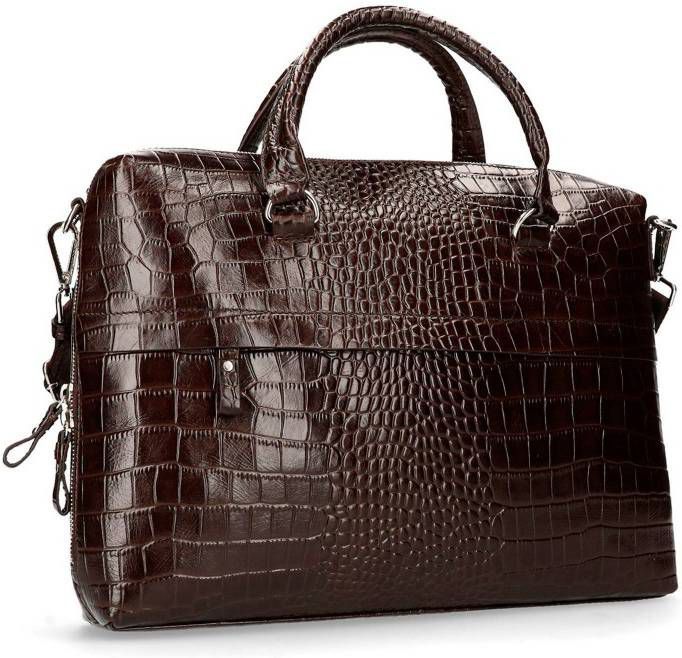 Manfield 17 inch leren laptoptas met crocoprint donkerbruin