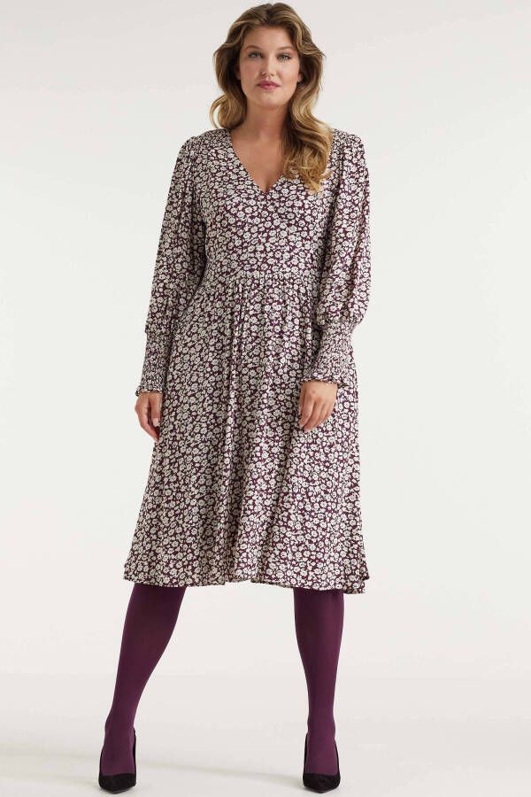 Miljuschka by Wehkamp jurk met smock details met bloemenprint burgundy