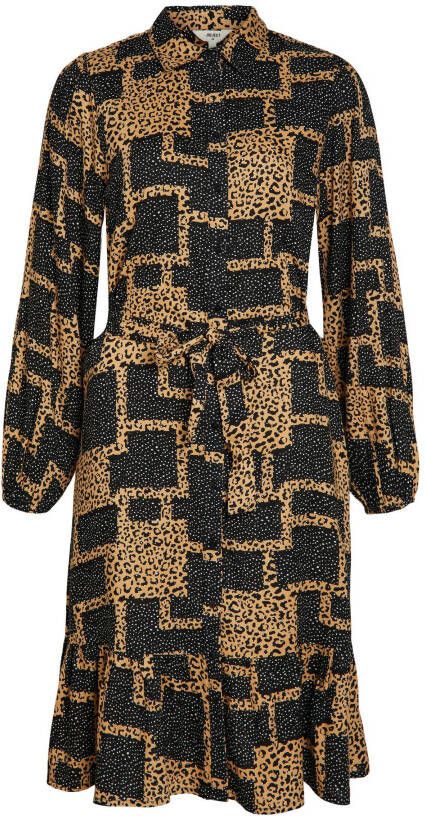 OBJECT blousejurk OBJGILLIAN met all over print en ceintuur bruin/zwart