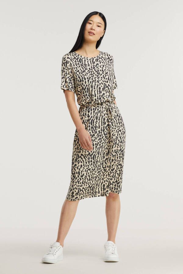 OBJECT jurk OBJMONI met all over print en ceintuur beige/zwart