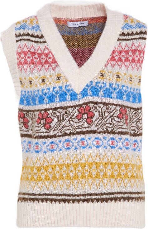 ONLY gebreide spencer ONLLUNA met all over print ecru/bruin/roze/geel/blauw