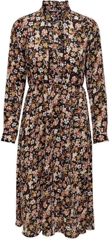 ONLY jurk ONLAMELIA met bloemenprint en ruches zwart/bruin/roze