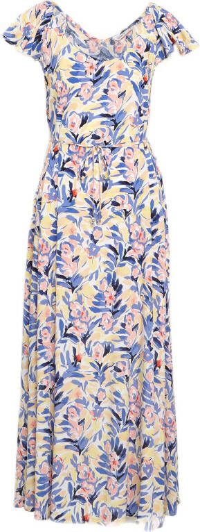 ONLY maxi jurk ONLALASKA met all over print en plooien blauw/geel/oranje/lichtroze